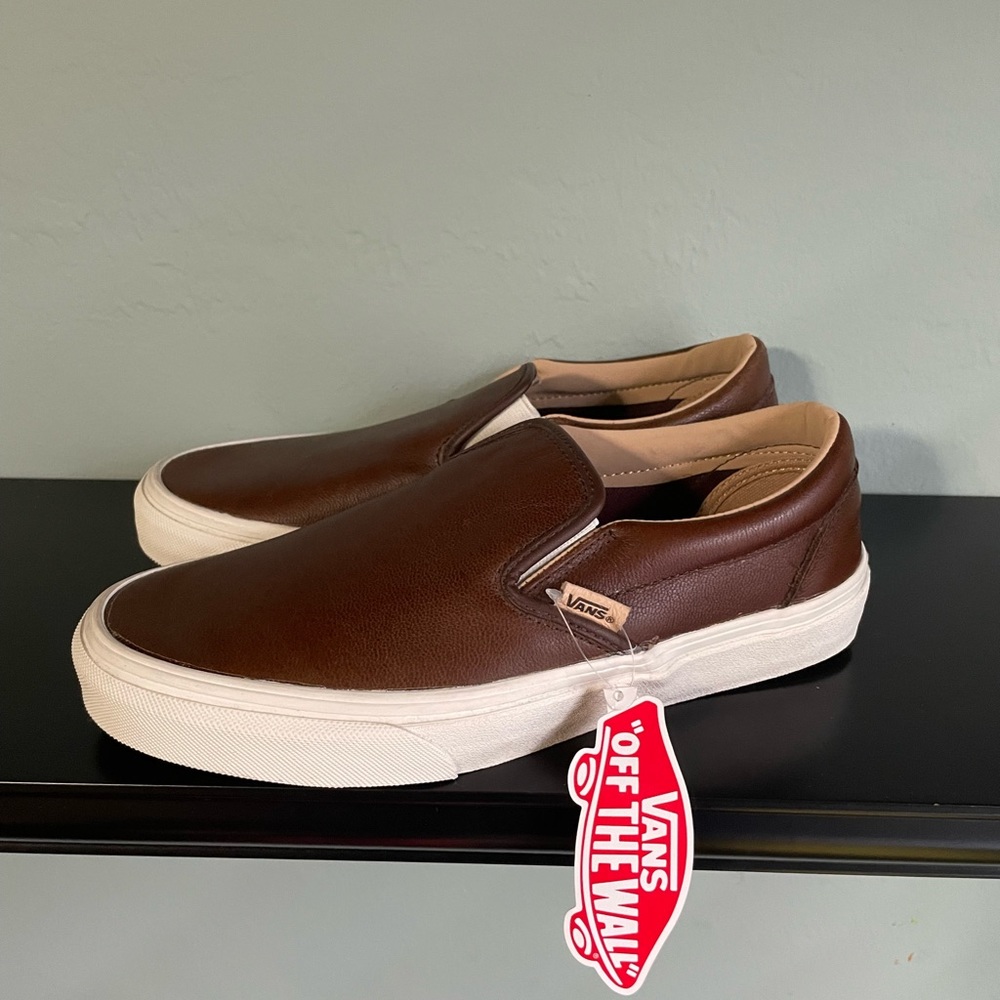 Brand New Brown Leather Vans Slip On Size 6.5 mens/8 womens